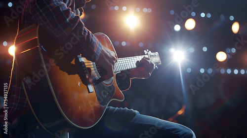 Guitarist strumming an acoustic guitar on stage, famous guitar player concept image