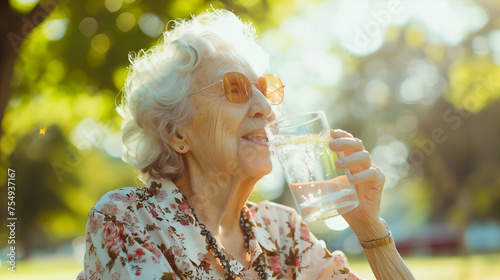 Old elderly woman enjoying a glass of water to hydrate herself, with fresh air of a park on a summer heatwave