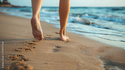 Human Legs and feet of a running barefoot on the beach, enjoying her summer holidays