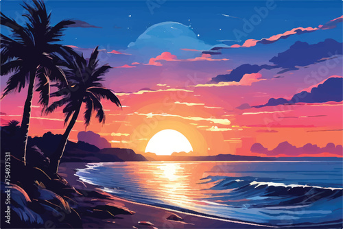 sunset over the sea. Big waves. Bright warm colors. Morning or evening. The beauty of the sea. Seascape, work of art. Vector illustration design.  Beach Landscape. View on the beach at sunset.       
