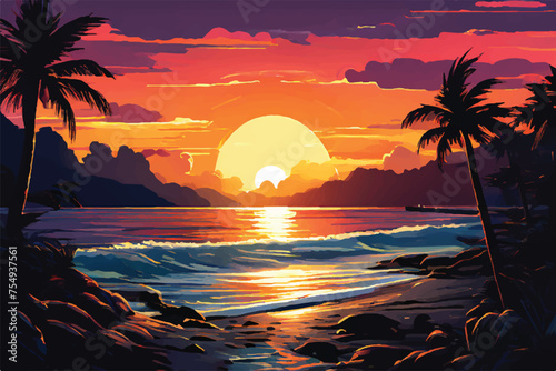 sunset over the sea. Big waves. Bright warm colors. Morning or evening. The beauty of the sea. Seascape  work of art. Vector illustration design.  Beach Landscape. View on the beach at sunset.        