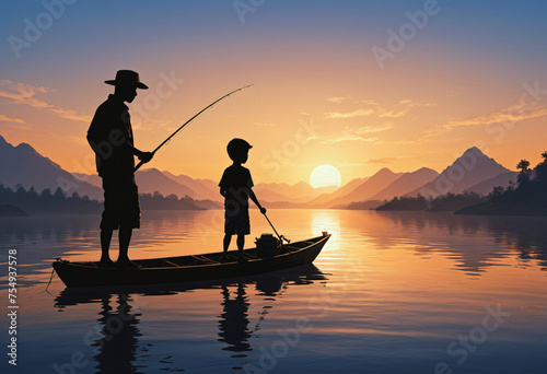 Silhouette of a fisherman catching fish in the evening