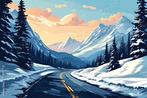 Road across a picturesque scene of snow-capped mountains with illustration background. Winter. Road to snow-capped mountains. On either sides of the road are mountains blanketed in snow. clouds.