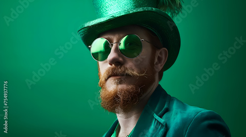 A man with beard and mustache wearing green hat, sunglasses and costume for St. Patrick's Day