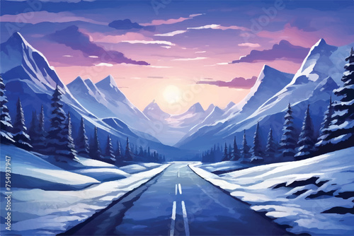 Road across a picturesque scene of snow-capped mountains with illustration background. Winter. Road to snow-capped mountains. On either sides of the road are mountains blanketed in snow. clouds. photo