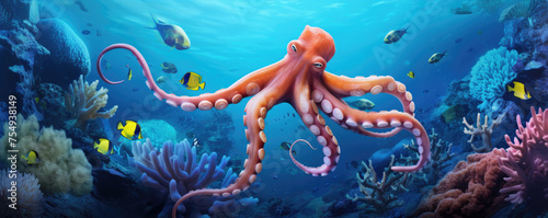 Colorful underwater scene featuring an octopus