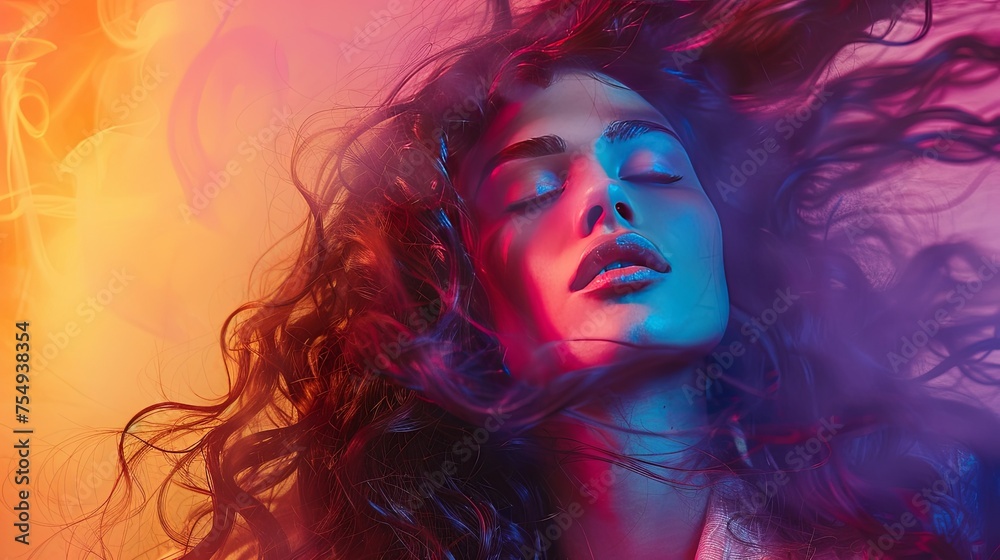 Surreal Beauty in Dynamic Neon Lights A woman's portrait bathed in vibrant neon lights, creating a surreal and mesmerizing visual with flowing hair and closed eyes.

