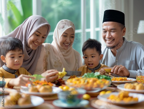 Muslim family sharing smiles over a Ramadan meal  embracing the spirit of togetherness and joy.