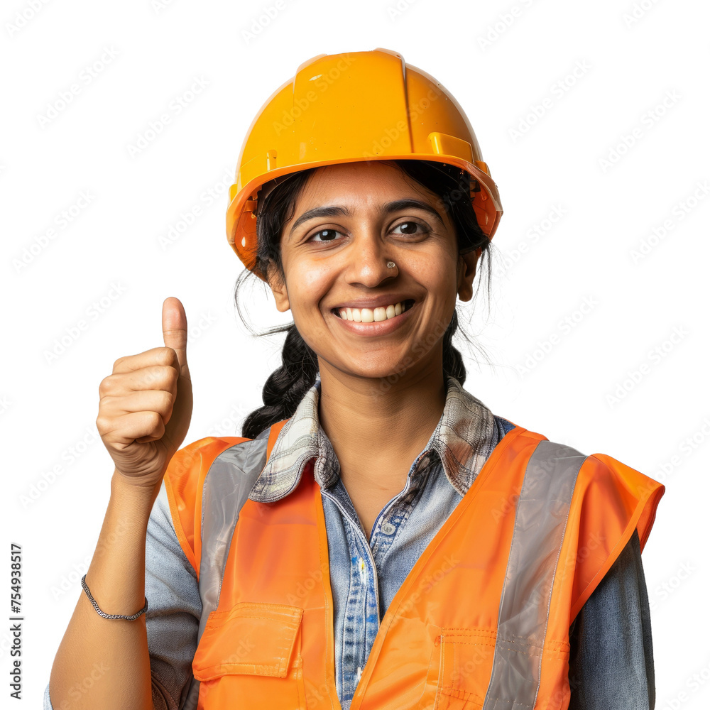 Construction indian engineer woman with thumb up isolated on transparent background Construction indian engineer woman with thumb up isolated on transparent background