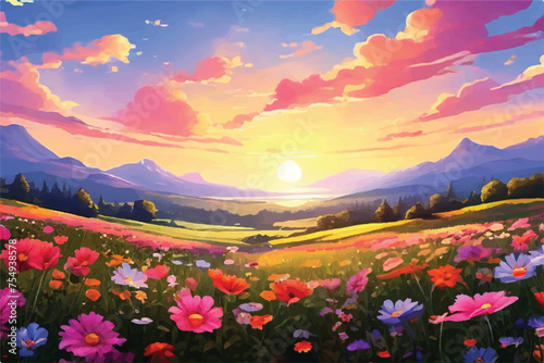 Sunset landscape with flowers  natural beauty. Sunset over a meadow of colorful spring flowers.  Beautiful field landscape with colorful Flowers and Sunset. Vector Illustration. Nature view. 