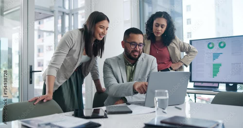 Collaboration, laptop and colleagues in office for data in business, meeting and smile for hedge fund manage. Businesspeople, man and women talking and discussion with technology, online and internet