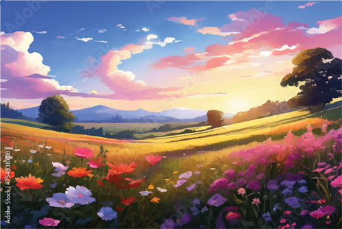 Sunset landscape with flowers, natural beauty. Sunset over a meadow of colorful spring flowers. Beautiful field landscape with colorful Flowers and Sunset. Vector Illustration. Nature view. 