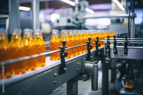 A conveyor belt with many bottles of orange juice on it