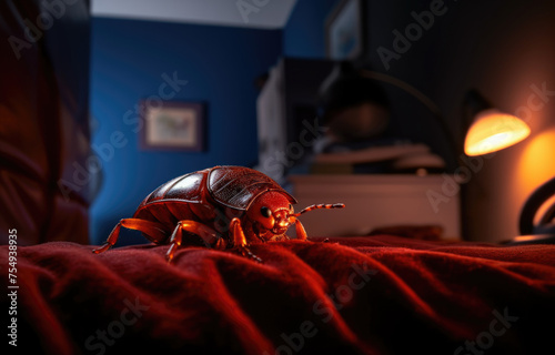 A large brown bug is on a red bedspread photo