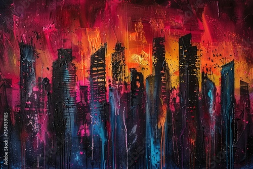 Dystopian city skyline: Towering neon skyscrapers pierce the darkness, their harsh light contrasting the gritty texture of the sprayed paint. 