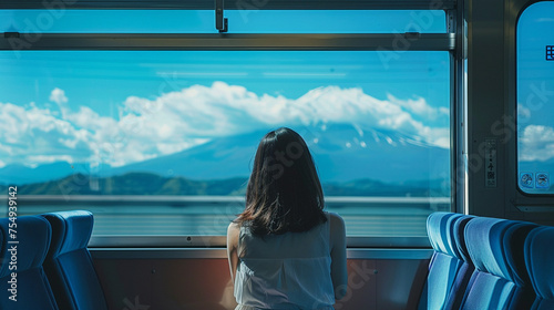 電車内から景色を眺める女性