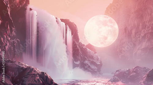 A silver waterfall cascading down the side of a rocky cliff within the light pink circle, its crystalline waters sparkling in the sunlight as it plunges into a pool below.
