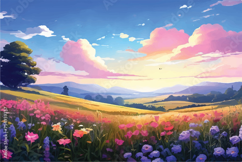 Colorful Flower Field with a Blue Sky. Beautiful field landscape with colorful Flowers and blue sky. Spring flowers and a grassy meadow. vector illustration. 