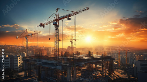 A construction site with cranes and a sunset in the background