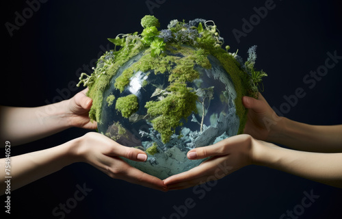 Two people holding a globe with plants growing on it