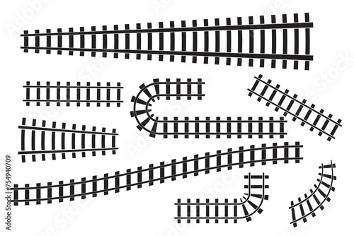 curved railroad isolated on white background. Vector illustration of Straight and curved railway train track icon set. Perspective view railroad train paths