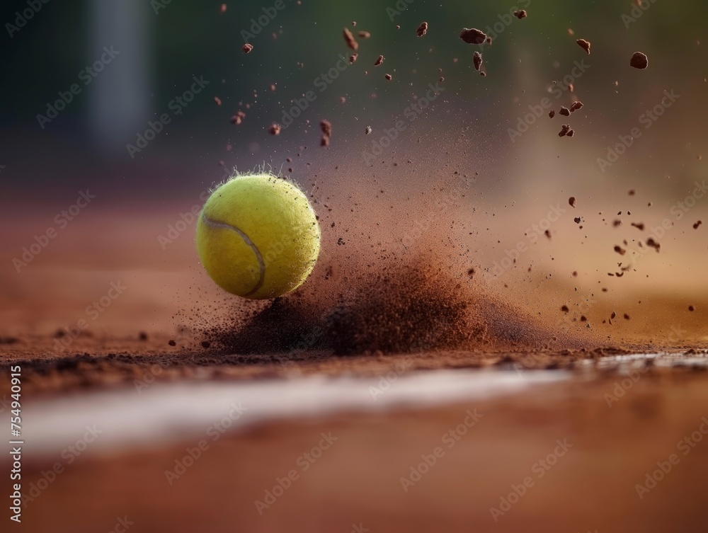 Close-up of a tennis ball on the clay court, capturing the essence of the game.