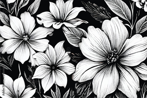 Abstract seamless pattern with plants, herbs and flowers, colorful botanical illustration. Monochrome seamless pattern with exotic flowers. Seamless monochrome floral background with roses. 