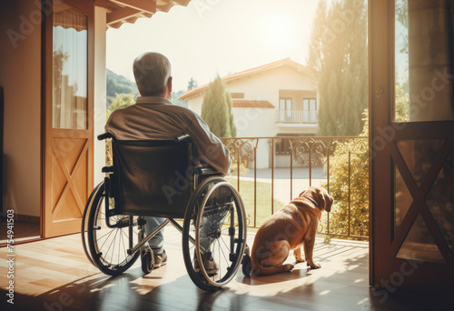 A man in a wheelchair sits on a porch with a dog photo