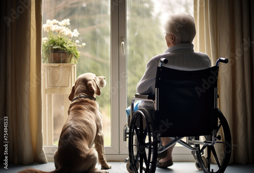 A woman in a wheelchair sits in front of a window with a dog © kiatipol