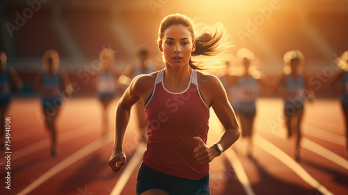A woman running on a track with other runners in the background