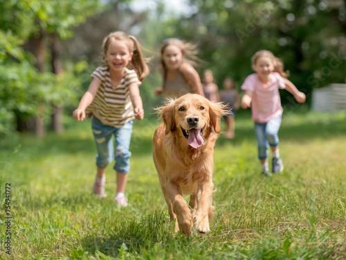 Children laughing and running with a happy Golden Retriever in a sunlit park, embodying the joy and freedom of outdoor play.