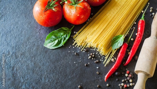 italian food ingredients on dark background food ingredients for italian pasta spaghetti on black stone slate background copy space of your text banner