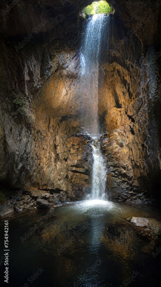 Fototapeta premium Waterfall inside a cave. Environment. Landscape. Ecology. Generative AI