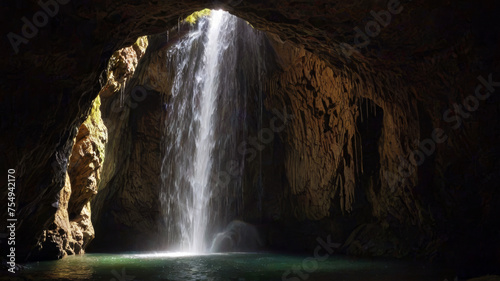 Waterfall inside a cave. Environment. Landscape. Ecology. Generative AI