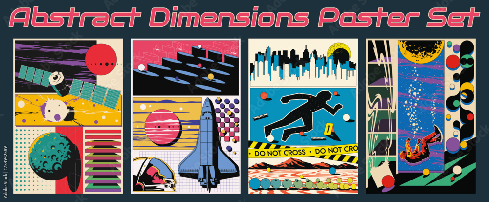 Abstract Dimensions Poster Set. Spacecraft, Probe, Astronauts, Planets, Asteroid, Geometric Shapes, 3D Effect 