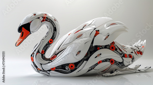 Fototapeta Naklejka Na Ścianę i Meble -  An intricate mechanical swan sculpture with a sleek design, embodying a fusion of nature and futuristic technology.