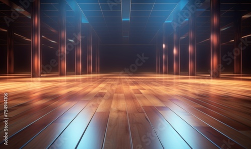 Empty Wooden Floor with Holographic Background for Display