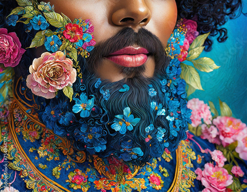 Super close da barba azul e comprida de um homem, cheia de flores diversas. photo