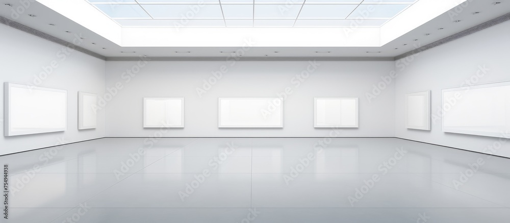 Fototapeta premium An empty room with white walls and square windows, featuring a front perspective of a gallery interior. The space is characterized by its simplicity and clean design,