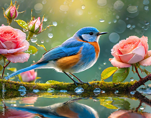 Blue bird perched on a rose flower branch