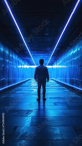 Man standing in middle of a tunnel with blue lights, backview