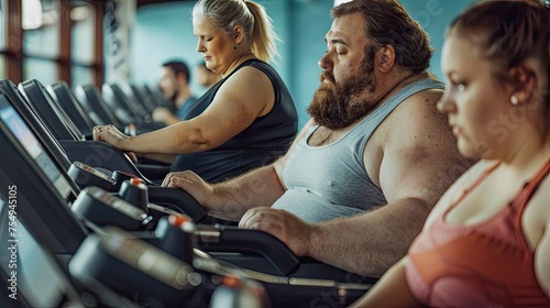 Overweight people do exercise on the treadmill in the gym. photo