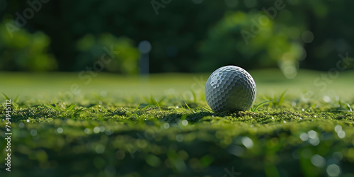 Golf ball resting on lush green grass with trees in background on sunny day