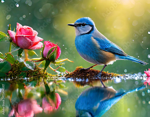 Blue bird sitting on a rose flower branch