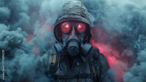 A hacker wearing a gas mask and surrounded by smoke and wires photo
