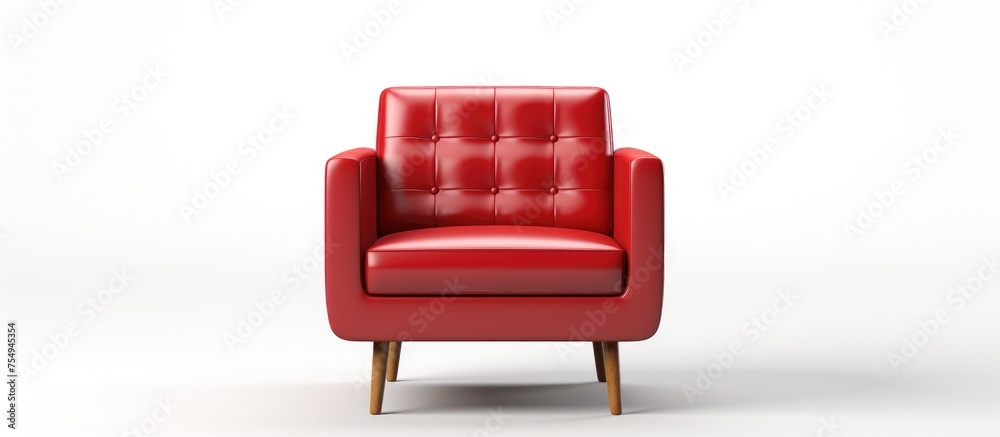 Fototapeta premium A magenta club chair with wooden legs and armrests, offering comfort and style. The rectangleshaped chair stands out on a white background