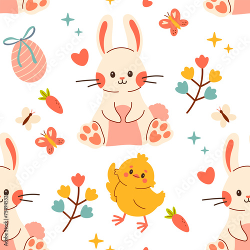 Seamless pattern with easter bunny and eggs. Easter seamless pattern, Easter symbol, decorative vector elements. Easter colored simple pattern.