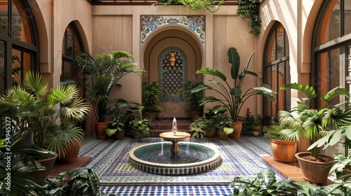 An enchanting Moorish style interior courtyard featuring a central fountain, vibrant mosaic tiles, and an abundance of lush green plants. photo