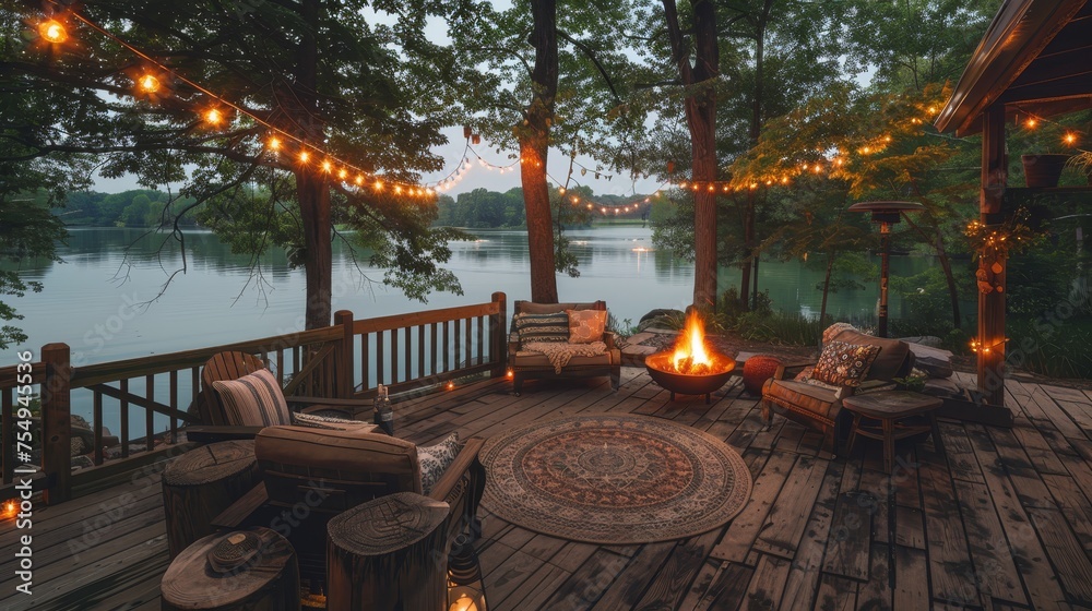 An enchanting evening on a lakeside cabin porch, with string lights and a firepit creating a warm and cozy outdoor retreat. - obrazy, fototapety, plakaty 