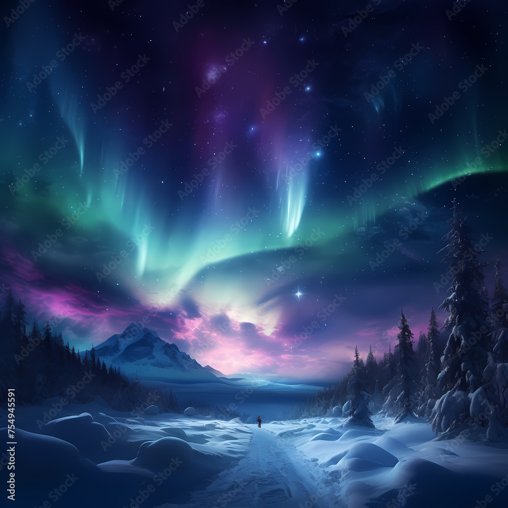 Breathtaking aurora borealis over a snowy landscape